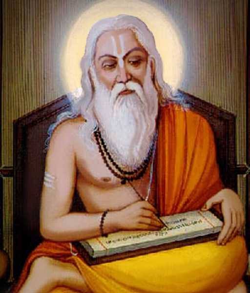 Traditional painting of Caraka Ṛṣi writing on a palm-leaf manuscript.